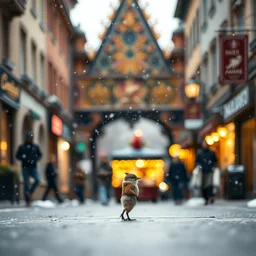 award winning photo by saul leiter of a tiny balbazar standing in the street, tiny gaussian blur, insanely detailed, insanely intricate, depth of field, low contrast, snowy, wide aperture