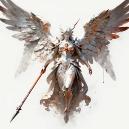 highly detailed and abstract angel of war, with bloody spears, silver white and orange color scheme, hd