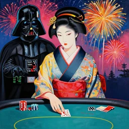 hyperrealism composition of the detailed woman in a japanese kimono sitting at a poker table with darth vader, fireworks on the background, pop - art style, jacky tsai style, andy warhol style, ukiyo e, acrylic on canvas