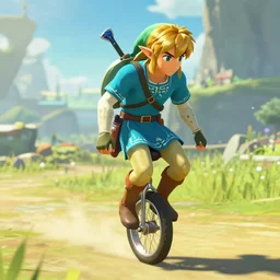 in game footage of link from the legend of zelda breath of the wild riding a unicycle, breath of the wild art style.