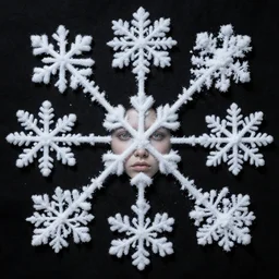 surrealist silk snowflakes with human faces in the middle surreal photography