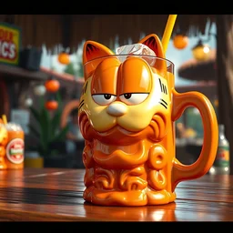 a closeup photorealistic photograph of a glossy orange garfield style tiki mug sitting at an outdoor trader vic's bar featuring garfield's face. tiki theme. icy colorful drink. bright scene. fine detail. this 4 k hd image is trending on artstation, featured on behance, well - rendered, extra crisp, features intricate detail, epic composition and the style of unreal engine.