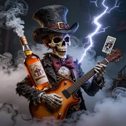 Mad hatter big cloud of smoke, bottle of whisky, guitar, lightning,death tarot card,highly detailed,half skull face,cinematic,8k,by Stanley Artgermm,Tom Bagshaw,Greg Rutkowski,Carne Griffiths, Ayami Kojima, Beksinski, Giger,trending on DeviantArt,hyper detailed,horror, full of colour