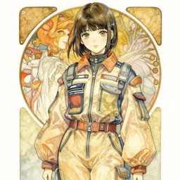 a watercolor portrait illustration by sui ishida and alphons mucha of an anime girl as nazuna nanakusa highly detailed anime eyes wearing streetwear clown pilot suit lots of zippers, pockets, synthetic materials, jumpsuits by issey miyake and balenciaga 8 k