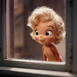 a sneaky wide-eyed Jiminy Cricket staring at Marilyn Monroe through a window,