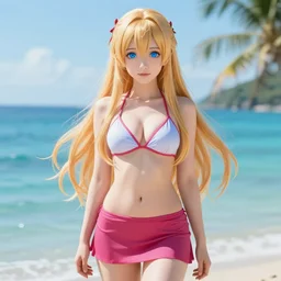 a very beautiful young yuuki asuna, full body, long wavy blond hair, sky blue eyes, full round face,, bikini, miniskirt, front shot, highly detailed, cinematic wallpaper by stanley artgerm lau