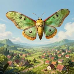 A giant moth monster flying over a small village, hyper-detailed digital art