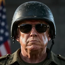 Donald Trump wearing sunglasses and military helmet, realistic artstyle, wide shot, dramatic lighting, octane render, hyperrealistic, high quality, highly detailed, HD, beautiful, cinematic, 8k, unreal engine, facial accuracy, symmetrical