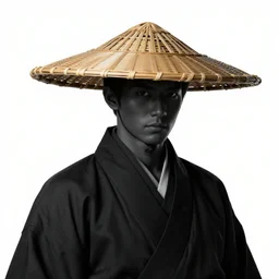 portrait of a samurai wearing a bamboo hat and black robe by Greg Rutkowski, d&d character, black and red, white background, highly detailed portrait, digital painting, artstation, concept art, smooth, sharp focus illustration, Artstation HQ