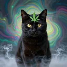 a black cat with a cannabis leaf on the forehead, trippy background, smoke on the bottom of the cat