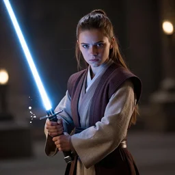 cheyenne as a jedi in star wars, holding a lightsabre. splash art, cinematic lighting, dramatic, octane render, long lens, shallow depth of field, bokeh, anamorphic lens flare, 8k, hyper detailed, 35mm film grain