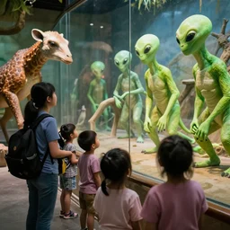 a zoo where humans are exbit by aliens, aliens kids visit human in the zoo, shocking, sadness