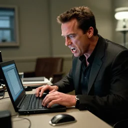 arnold schwarzenegger as conan the barbarian from the movie conan the barbarian, sitting at a desk in an office and working at a computer, angry, shouting at the laptop screen, laptop trouble, technical difficulties, software error, crisp lighting, studio lighting