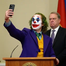 a president with clown makeup taking a selfie in a podium next to an angry first minister