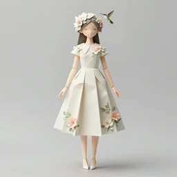 fashion full - length illustration of a beautiful girl in an origami dress, medium shot at eye level, delicate floral ornaments on fabric and hair, hummingbird, elegant, eiko ishioka, givenchy, peter murbacher, centered, fresh colors, origami, fashion, detailed, thoughtful, gentle, fashionable, japanese, creator of the character reallusion