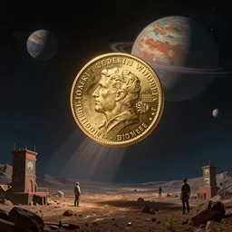 a gold coin asteroid heading toward an arcade planet by destiny womack, gregoire boonzaier, harrison fisher, richard dadd