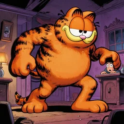 full color comic illustration by jim davis featuring monster garfield as a very - large horrifying grotesque hellish creature designed by guillermo del toro. the monster garfield is stalking the terrified human jon arbuckle inside his house.