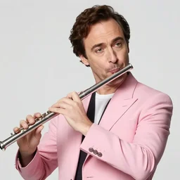 j. k simmons playing a flute wearing a pink jacket, realistic photo