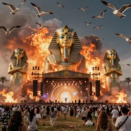 realistic cinematic views of a orwellian coachella with wildfires in the background and dead seagulls falling from the sky in front of the main stage worshipping large egyptian styled statues of kim kardashian and kylie jenner, hyper detailed, terror glows, hyper realistic, digital painting, 8 k, 3 5 mm film grain, octane render
