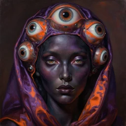 baroque neoclassicist close - up portrait of a dark retrofuturistic cyberpunk supernatural being with multiple big eyes wearing iridescent silk. dark purple and orange iridescent and reflective textures. highly detailed science fiction painting by norman rockwell, frank frazetta, and syd mead. rich colors, high contrast, gloomy atmosphere. trending on artstation and behance.