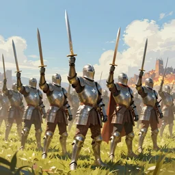 dozens of armored knights raising swords in victory, standing in a sunny field with a burning city in the far distance, trending on artstation, digital art ( by jesper ejsing ) ( by clint cearley ) ( by raluca marinescu )