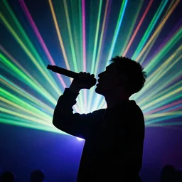 rapping into microphone, epic angle, profile view, silhouetted, distinct, psychedelic hip-hop, laser light show, beams of light