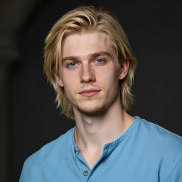digital portrait of a skinny european male, slightly longer blond hair and a light stubble beard, wearing a light blue shirt, blue eyes, rugged, teenage, fantasy, wizard, trending artstation, dungeons & dragons, relaxed expression, dark lighting, high detail, sharp jawline
