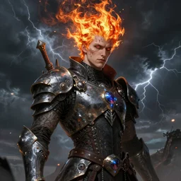 portrait of beautiful gothic and futuristic young man, more thunderstorm, cyber armor, a lot of scars, firestorm head, the middle ages, highly detailed, artstation, illustration, art by jean delville, 8 k quality, art by greg gandy and dragan bibin
