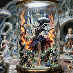 fuji gfx, 8 k, j. j abrams flare ; esoteric ultra realistic faberge in cthulhu ( 1 9 9 0 ) film still garden dance scene in frontiers in porcelain photography fashion magazine june seinen manga portrait edition, hyperrealistic real - life xenomorph hideo kojima porcelain occult temple in victorian glass jar, pointe pose, eye contact, tilt shift wide shot zaha hadid background