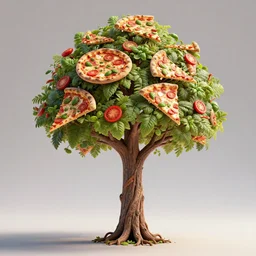 highly detailed 3 d render of a tall slender intricate tree with leaves that look like pizza toppings, tomato, mozzarella, basil, hyper realistic octane render, cinematic lighting, deviantart, lowbrow, surrealism, pixar still