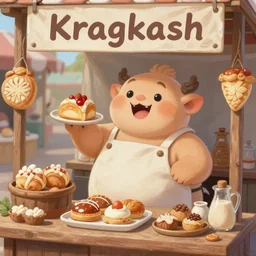 a cute painting, one adorable very short fat obese kobold wearing an apron is happily selling delicious pastries at her stall in the market at kragkash, intricate, highly detailed, artstation, concept art, smooth, sharp focus, colorful scene, art by artgerm and greg rutkowski and wlop
