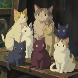 several cats sitting on a bench,  close up shot, anime art, Greg Rutkowski, studio ghibli, dramatic lighting