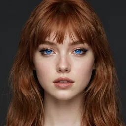 blue eyed long lashes brushy brown brows ginger hair bangs sharp jawline straight nose white girl