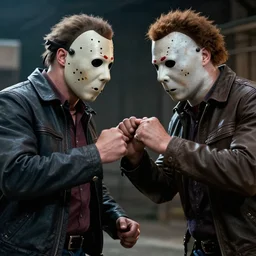 jason voorhees vs michael myers ( cinematic shot, epic battle, greatly illustrated, good quality, high detail, dramatic lights. hyperrealistic, still frame, uhd, 4 k, ultra image )