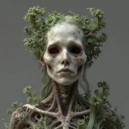 a beautiful detailed front view portrait of a rotten woman corpse with fractal plants and fractal flowers and mushrooms growing around, intricate, symmetrical, ornate, ornamentation, bones, illustration, in the style of art nouveau