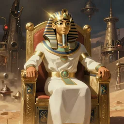 An egyptian prince sitting on his royal throne in the steampunk capital of Nazar as seen in The desert god by Hayao Miyazaki