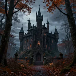 portrait spooky castle, fall, forest, dusk, by gary larson