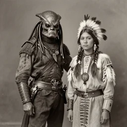 victorian photo portrait  of Predator and a native american warrior girl, 1825