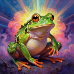 anthropomorphic mutant fighting frog 🐸, [ style ] [ oil painting ] [ palate ] [ vibrant gothic colors ], vibrant neon nebulous clouds, radiant light rays, photorealistic painting, intricate and fine details, volumetric lighting, artstation,