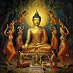 buddha meditating while 8 0's srilankan womans are dancing on temple, painting by james jean, craig mullins, j. c. leyendecker, lights, art by ernst haeckel, john william godward, hammershøi