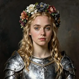 beautiful rugged emilia clarke, blonde hair, wearing silver armour, ornate flowers wreath, portrait, oil painting by titian, hard focus, masterpiece