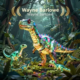 lowpoly holographic glowing dinosaurs, aurora lizards, foggy jungle in the background, by wayne barlowe