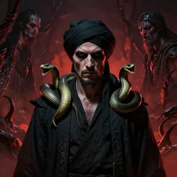 an evil man wearing black turban two snakes on his shoulder, dark theme, in hell, by ilya kuvshinov and cushart krentz and gilleard james