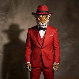 anthropomorphic jaguar, in a red suit and fedora, studio photography,