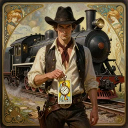 a dramatic ethereal epic symmetrical painting of a handsome villainous cowboy standing in front of a steam train locomotive with railroad tracks | his shirt is unbuttoned and he has a pocketwatch | tarot card, art deco, art nouveau, (steampunk), homoerotic, realistic | by Mark Maggiori and ((((Alphonse Mucha))) | trending on artstation