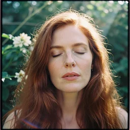 An analog head and shoulder frontal face portrait photography of a redhead woman surrounded plants by Annie Leibovitz. Long hair. eyes closed. Agfa Vista 800 film. Sunshine. detailed. hq. realistic. Rembrandt light style. warm light. muted colors. lens flare. photoreal. Bloom and glare. Leica M9.