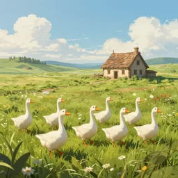 a flock of geese in a beautiful grass landscape with an small medieval peasanthouse in the background, artstation, cgsociety, 8 k, cinematic, unreal engine, octane render, illustration digital animation, trending on artstation, art by wlop and greg rutkowski, rule of thirds, golden ratio, ambient lighting