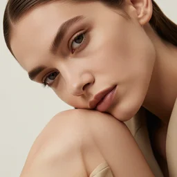 close up of face of female fashion model, sitting on chair, beige colors, official jil sander editorial, highly detailed