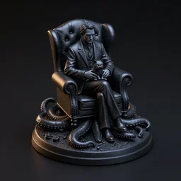 isometric view black resin miniature - howard phillips lovecraft hold the cat on the lap, man dressed suit sit in tall leather armchair, round base as big tentacle, black background, octane render, forelight, highly detailed intricate matte sharp focus digital painting artstation pixiv