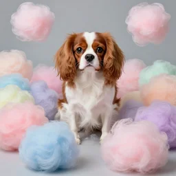 fluffy cotton wool balls of many different colors, cavalier king charles spaniel, surrounded by cotton wool balls, cotton candy, art by artgerm and krenz cushart